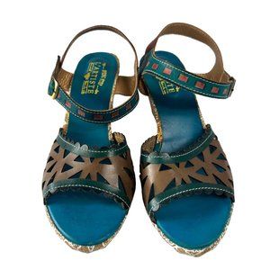 L'Artiste by Spring Step Acela Leather Open Toe Cut Out Sandal Heels Teal 41/10